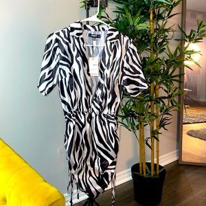 PETITE Black Zebra Print Satin Ruched Shirt Dress